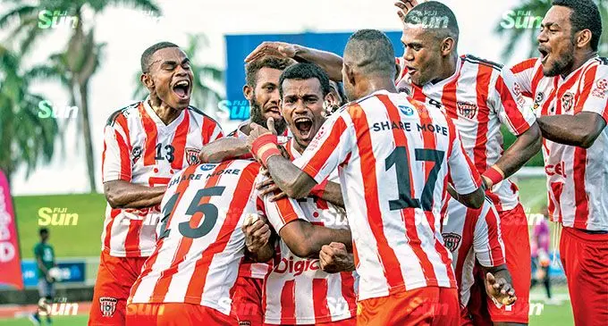 Labasa players, from left, Apenisa Anare, Marlon Tahioa and Akeimi Ralulu celebrate with teammates after they beat Suva 1-0, at ANZ Stadium on April 18, 2021. They missed the last three rounds of the Digicel Premier League as inter-island borders were still closed and will be travelling to Suva tomorrow to face Rewa at the ANZ Stadium. Photo: Leon Lord