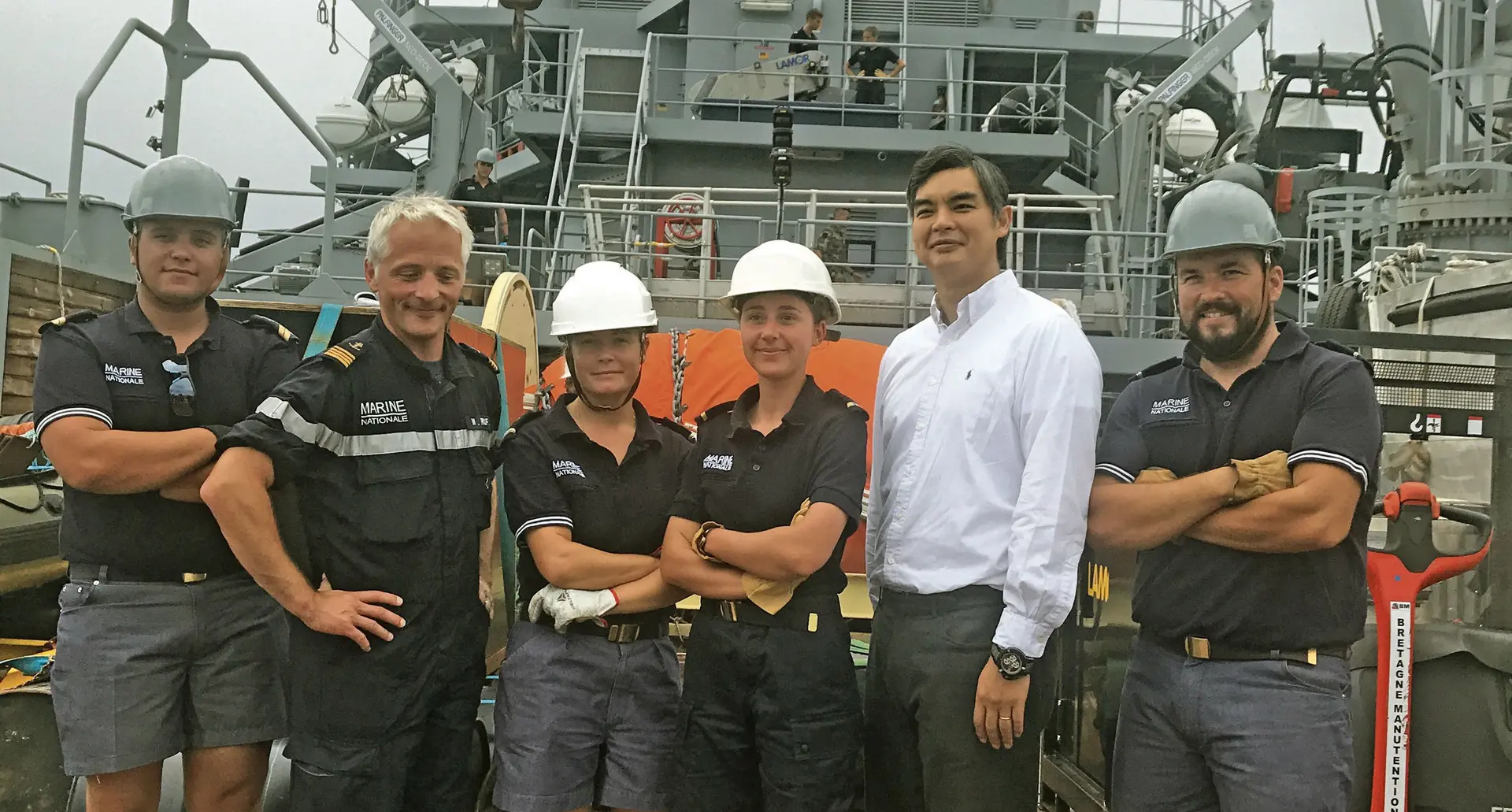 Vessel commander Captaine de corvette Matthieu Ruf (second from left) and French Ambassador Sujiro Seam (in white shirt) with some of the crew on board the B2M D’ENTRECASTEAUX at Suva’s Princes wharf.   Photo: Selita Bolanavanua