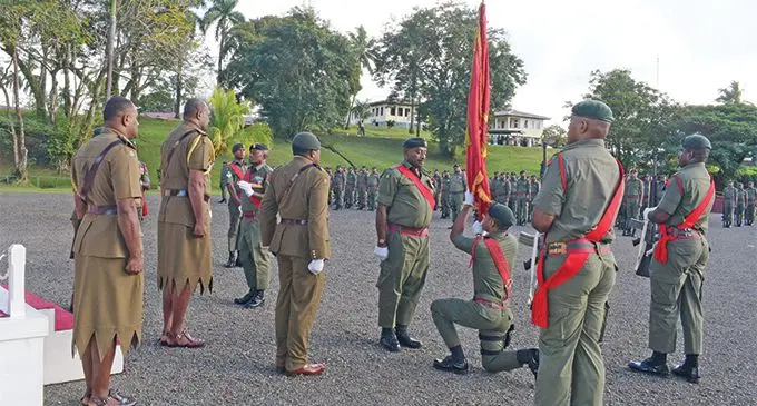 RFMF 3FIR colours handed over to new Commanding Officer Lieutenant-Colonel Aseri Rokoura during the parade at Queen Elizabeth Barracks in Nabua on June 26, 2019. Photo: Ronald Kumar