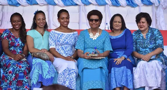 WOMEN IN BLUE... From left: FijiFirst provisional candidates Susana Tuilau Hirst, Ateca Laveti Ledua, Anne Dunn, Leader of the Opposition Ro Teimumu Kepa, Minister for Health and Medical Services Rosy Akbar and Ela Sayed-Khaiyum on October 10, 2018, during the Fiji Day celebrations at Labasa’s Subrail Park.