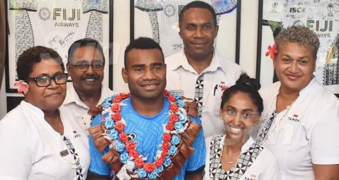 Seremaia Tuwai with staff members of Tanoa International Hotel on March 11, 2020. Photo: Waisea Nasokia