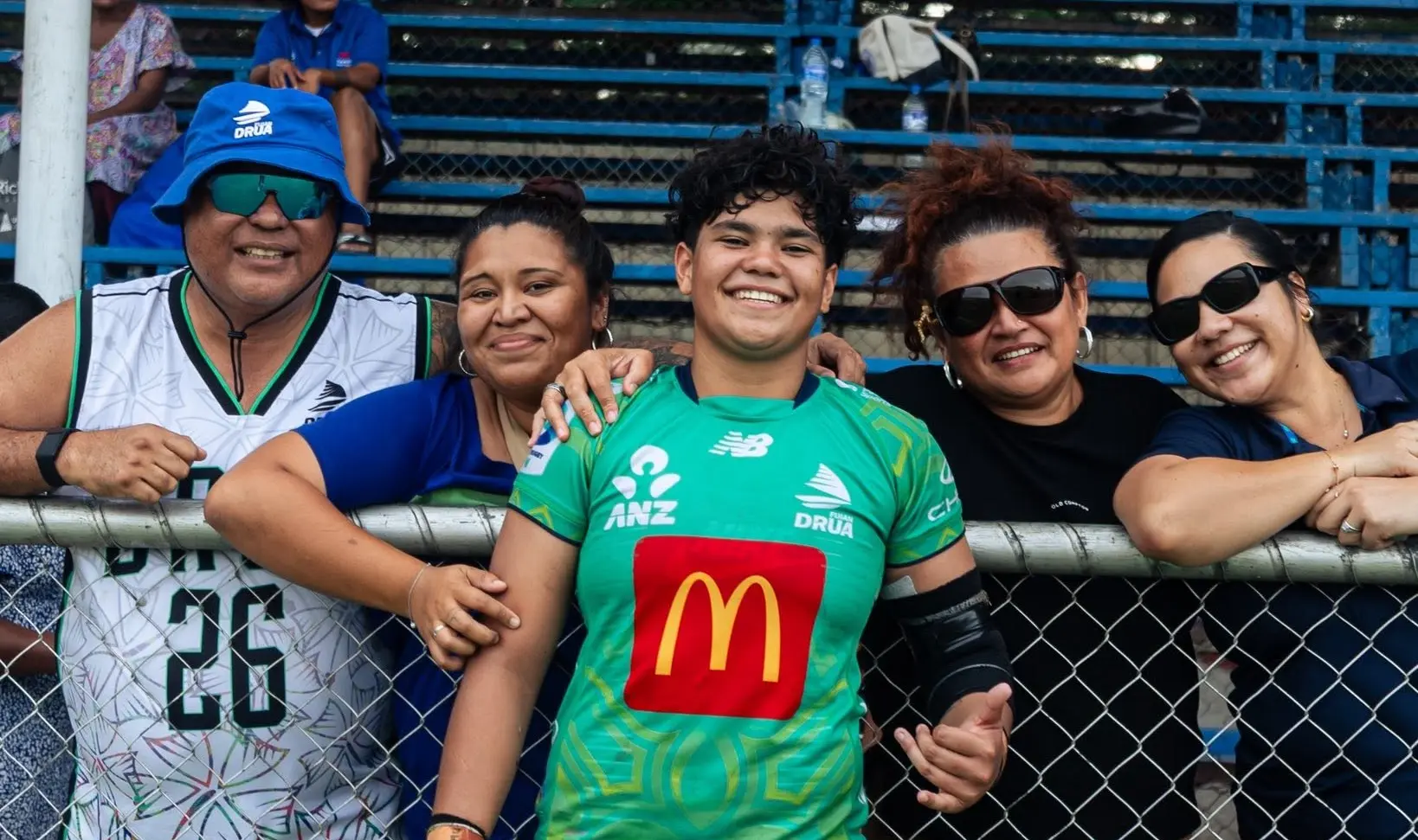 Fiji Drua Women lock Carletta Yee with her family members at Churchill Park, Lautoka, on June 13, 2026. Photo: Fijian Drua.