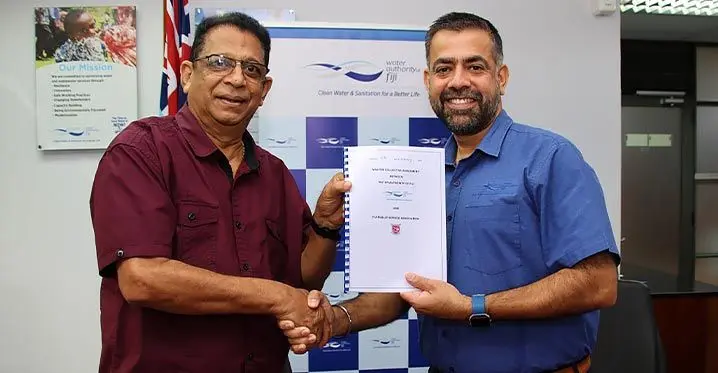 Fiji Public Service Association secretary general, Rajeshwar Singh (left), with Water Authority of Fiji chief executive officer Dr Amit Chanan.