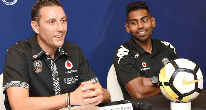 Outgoing Vodafone national football head coach Christophe Gamel(left) with captain Roy Krishna during their tour to Singapore. Photo: Singapore Football