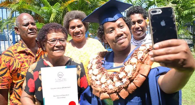 Capturing the moment...Salome Vatuwaliwali with family members, Fipe Vatuvwaliwali, Bola Vatuwaliwali, Laisani and Lusiana Waqavou following her Fiji National University graduation ceremony on September 30, 2022. Photo: Ronald Kumar