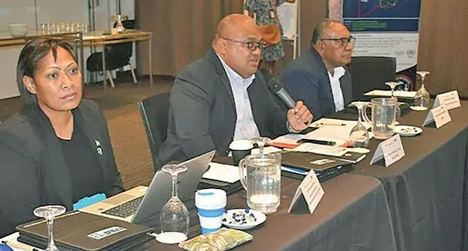 Commander Republic of Fiji Navy Humphrey Tawake (2nd from left) with the Maritime Safety Authority of Fiji Manager Ships Inspection Captain Sesoni Komaisoso during the meeting last week at the Holiday Inn, Suva. Photo: Maritime Safety Authority of Fiji