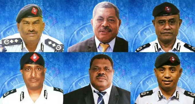 Top from left, Acting Deputy Commissioner Itendra Nair, Chief of Intelligence, Investigation, and Prosecution ACP Biu Matavou and  Chief of Policy and Projects ACP Isei Vueti. Bottom from left, Chief Operations Officer Abdul Khan, Chief of Planning and Internal Affairs Officer ACP Luke Navela and Acting Chief Administration Officer Juki Chew Fong. Photo: Police Media Cell