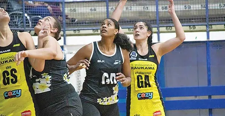 Fiji Possibles goal keeper Solei Kikau Toganivalu (second from left) and goal defender Kelera Nawai awaits rebound from NZ Invitational shooters during their match. Photo: Netball Fiji