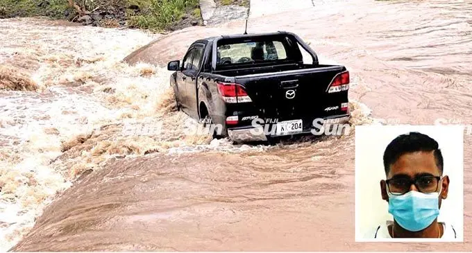 Vineshwaran Naiker’s vehicle crossing the Saru backroad bridge in Lautoka on February 7, 2022.  Photo: Melevis Kelvin Kumar.  Inset: Vineshwaran Naicker.