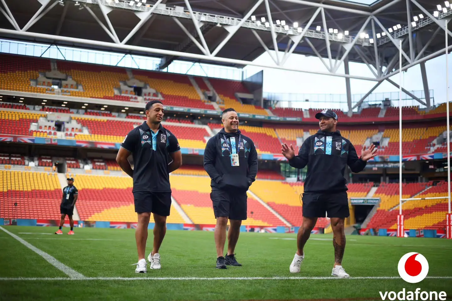 From left: Brandon Wakeham, Jarryd Hayne and Apisai Koroisau at Suncorp Stadium, Brisbane during the Rugby League World Cup on October 25, 2026. 