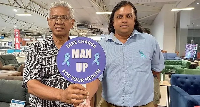 Cancer survivor Sisa Tiko, 65, (left) with CWM Neurologist, Dr Rajiv Patel during the Movember launch at Vinod Patel, Centre Point branch on November 1, 2022. Photo: Ronald Kumar