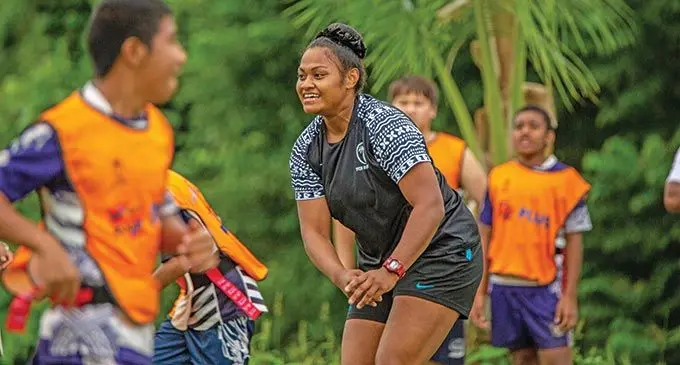 Rooster Chicken Fijiana XVs rep Asinate Serevi during the Getting into Rugby (GiR) and Rugby Plus programme that was attended by the Australia’s Sports Diplomacy Advisory Council chair Stepahnie Brantz at the Latter-day Saints College in Tamavua, Suva, on May 13, 2021. Photo: Leon Lord.