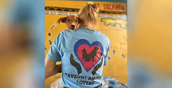 Taveuni Animal Lovers president Julie Seidman holding a pet after surgery at Somosomo, Taveuni on May 12, 2023.