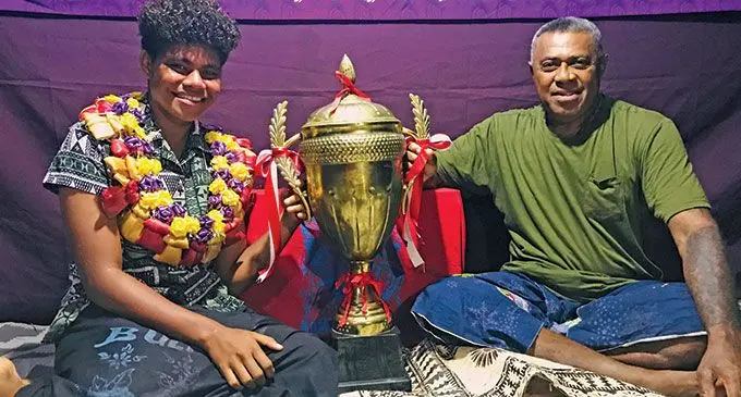 Petero Namoce (right) with Anasimeci Vulitikoro during the celebration dinner at their home in Vatulovona, Wailevu, Macuata on March 5, 2022. Photo: Laisa Lui