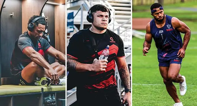 From left: Crusaders players Sevu Reece and Levi Aumua and Melbourne Rebels player Filipo Daugunu.