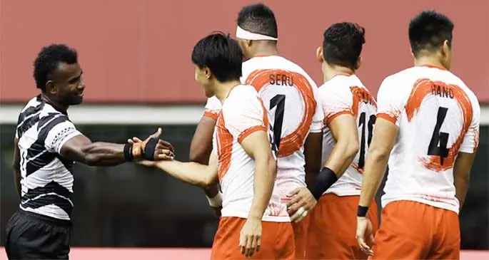 Team Fiji men’s rugby sevens captain Jerry Tuwai shakes hand with the Japanese players after their 24-19 win at the Tokyo Stadium on July 26, 2021. Photo: Tokyo Olympic 2020