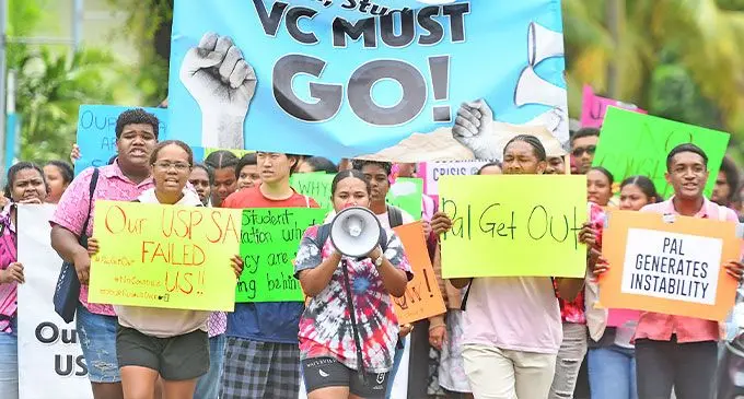 University of the South Pacific students march in support of the union strike at Laucala campus on October 24, 2024. Yesterday, the staff union strike was suspended as they were foccusing on the student’s upcoming exam. Photo: Ronald Kumar