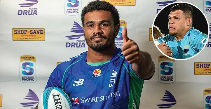 Swire Shipping Fijian Drua rep Iosefo Masi. Photo: Leon Lord. Right Inset: Levi Aumua. 