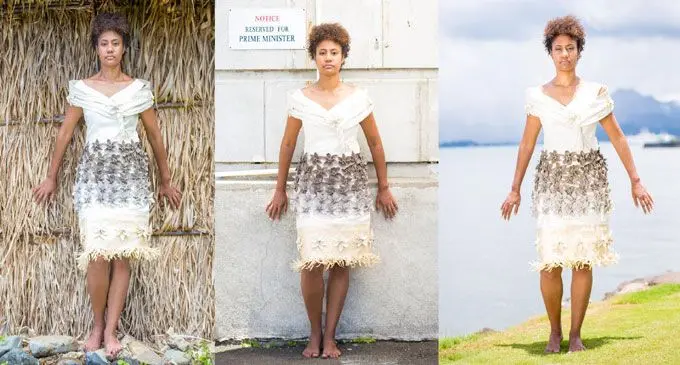 Model Merewalesi Nailatikau with an 'Avalon' inspired wear. 
