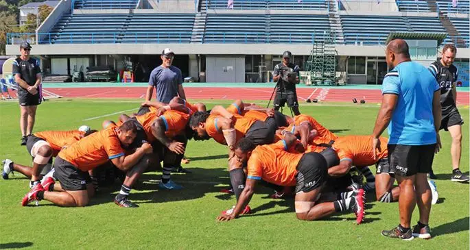 The Fiji Airways Flying Fijians working overtime on their scrum during a training session in Japan. They are preparing to take on Georgia on Thursday in their third Pool D Rugby World Cup match at the Hanazono Rugby Stadium in Higashiosaka City. Photo: FRU Media