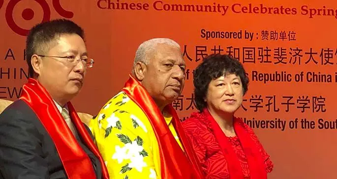 From left: Chinese Ambassador to Fiji Qian Bo, Prime Minister Voreqe Bainimarama and the Chinese Association of Fiji president Jenny Seeto.
