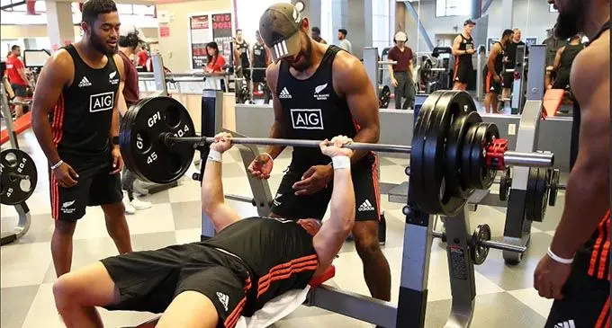 New Zealand 7s players Vilimoni Koroi (left) and Jona Nareki during their gym session in Las Vegas, USA on February 26, 2019.  Photo: World Rugby