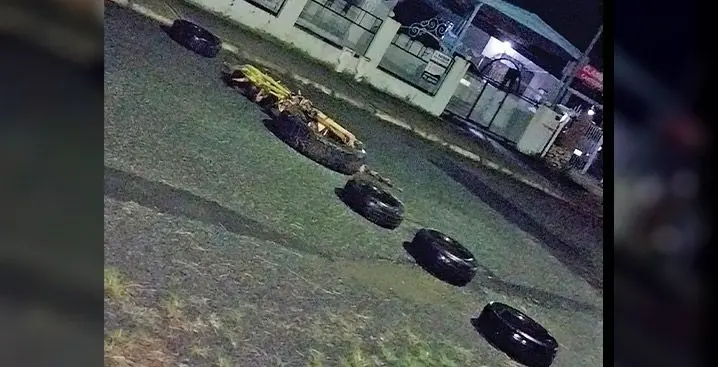Tyres blocking the road outside Sameer Ahmed’s house at Votualevu in Nadi on January 14, 2023. Photo: Sameer Ahmed