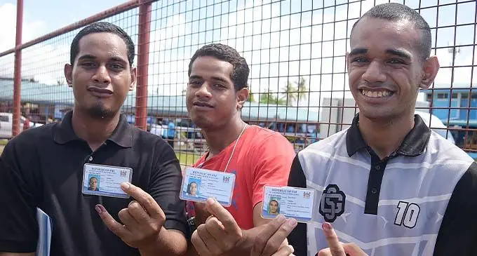 Brothers and first time voters, (from left) Jordan Fanifau, Samson Fanifau and Ross Fanifau after casting their vote at John Wesley School polling venue during National Election on December 14, 2022. Photo: Ronald Kumar