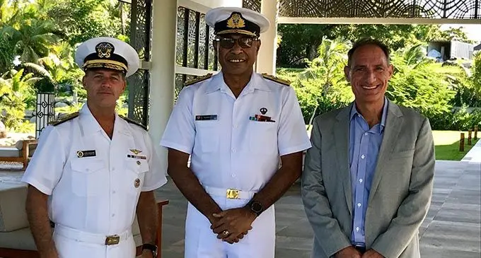 From left: Commander of the United States Pacific Fleet based in Hawaii Admiral John Aquilino, Republic of Fiji Military Forces Commander Rear Admiral Viliame Naupoto and US Charge d’Affaires Michael Goldman in Fiji after their meeting at the Marriot Momi Bay Resort on May 2, 2019. Photo: Mereleki Nai