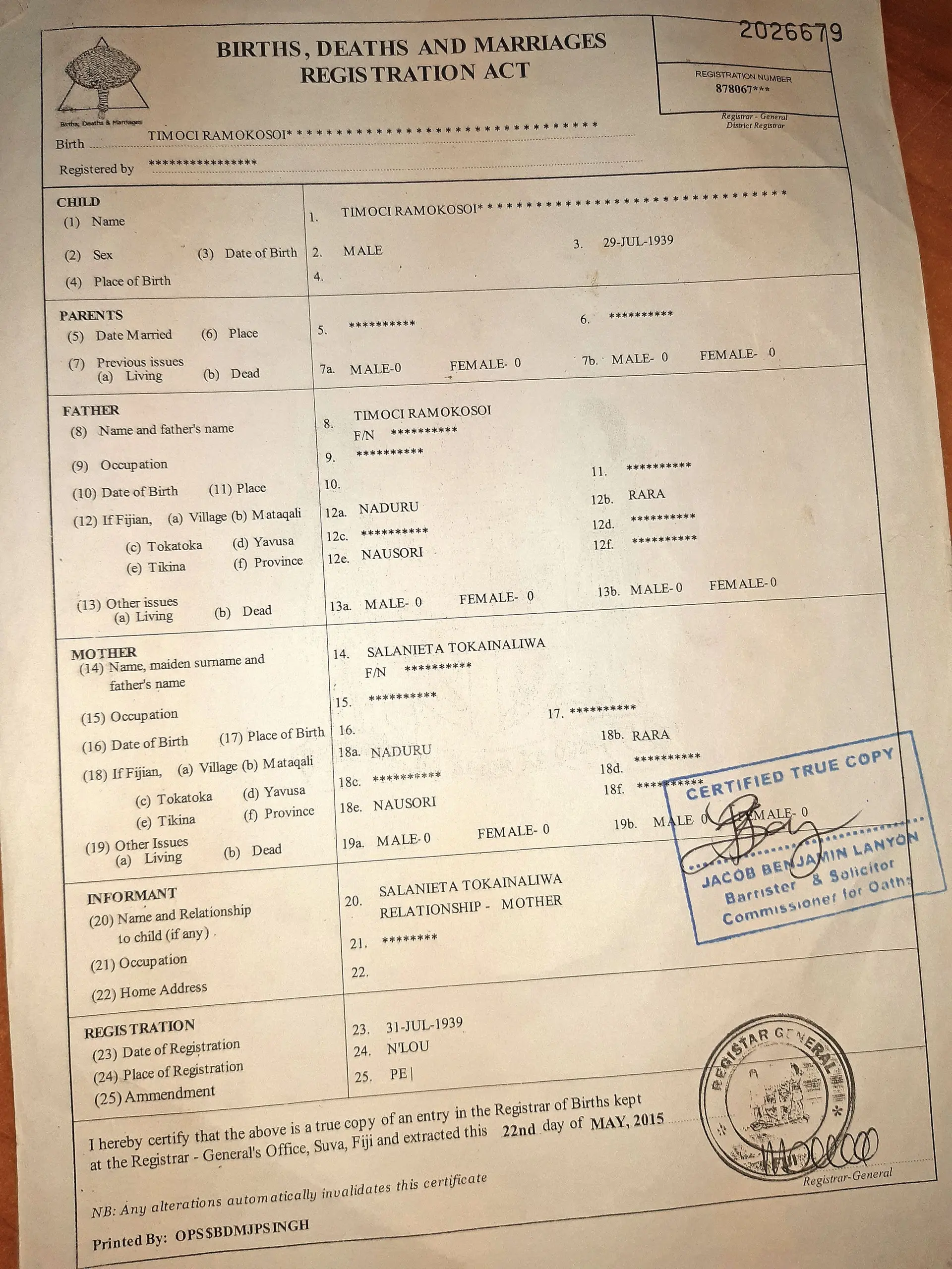 Timoci Ramokosoi Junior’s birth certificate issued in 1939 .