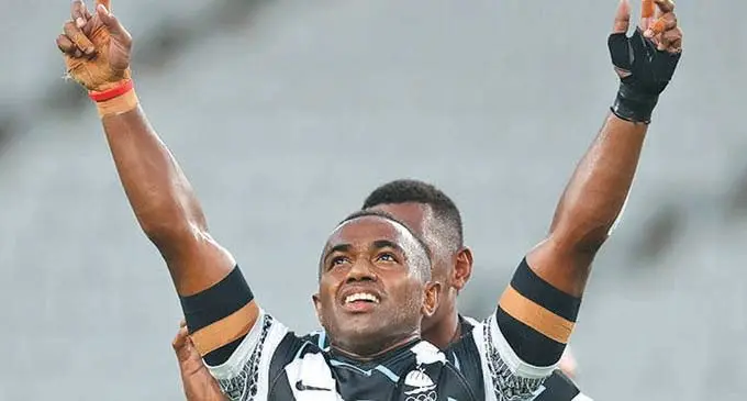 Team Fiji men’’s rugby sevens playmaker Waisea Nacuqu gives his victory salute after beating New Zealand 27-12 in the gold medal of the Tokyo 2020 Olympic Games final in Japan on July 28, 2021. Photo: World Rugby