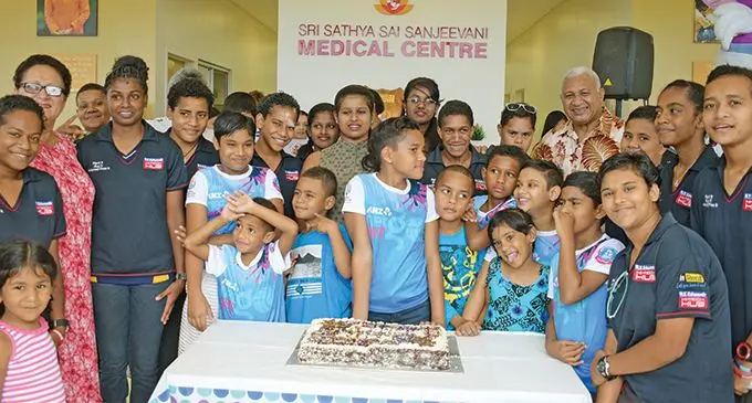 Prime Minister Voreqe Bainimarama (second row, far right) and Mary Bainimarama (front, second from left) joined children from the Dilkusha Home during their free medical screening at Sri Sathya Sai Sanjeevani Medical Centre on February 2, 2019. Photo: Ronald Kumar 