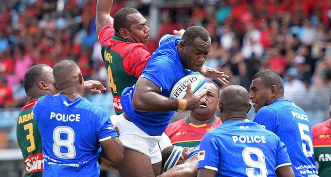 RFMF’s Manoa Tamaya in a lineout tussle against Police during the Ratu Sukuna Bowl clash at the ANZ Stadium, Suva on November 22, 2019. Photo: Ronald Kumar