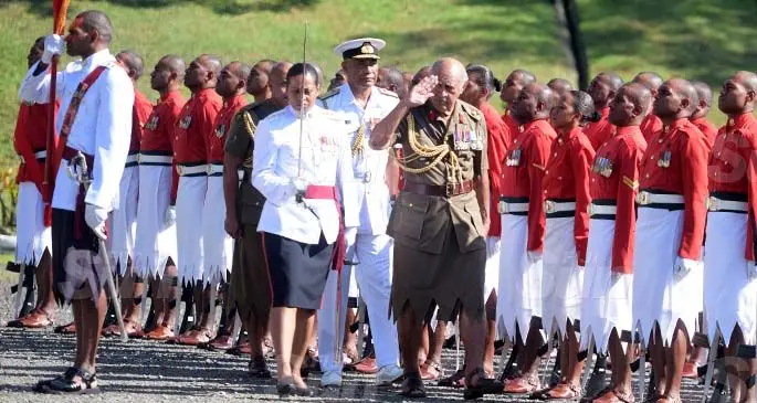 Brigadier-General Ratu Epeli Nailatikau inspects the parade at the Queen Elizabeth Barracks in Nabua on July 21, 2020. Photo: Ronald Kumar