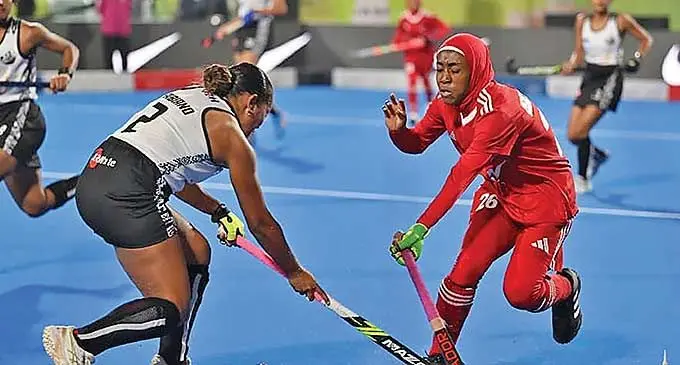 Hockey action between Fiji and Oman on January 25, 2024.