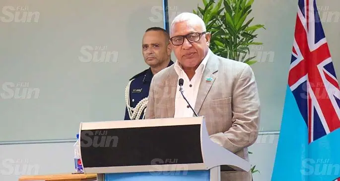 Prime Minister with Police Commissioner Brigadier-General Sitiveni Qiliho during the announcements on April 24, 2020. Photo: Kelera Sovasiga