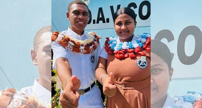 Dayanand Anglo Vedic College head-boy Bob Dari and Head-girl Dilasha Padiyachi following their prefect induction ceremony in Nabua on May 6, 2022. Photo: Nolishma Narayan