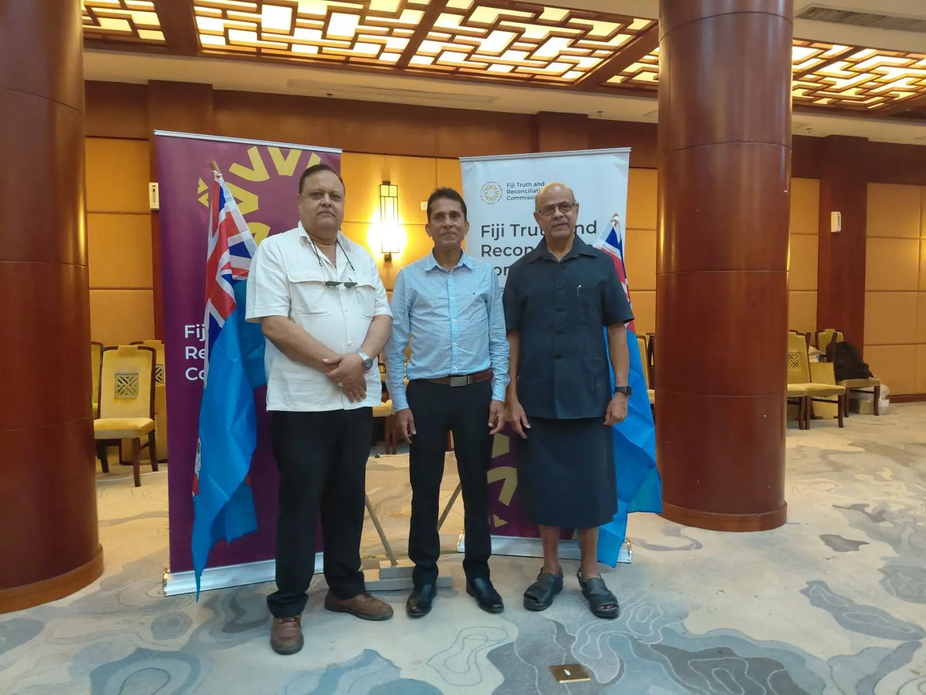 From left - FTRC Commissioner Rajendra Dass, Rajeshwar Maharaj and FTRC Commissioner Sekove Naqiolevu at the Suva Civic Centre on November 11, 2025. Photo - Kaneta Naimatau.jpg