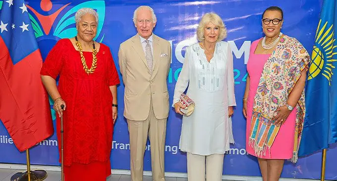 From left: Samoan Prime Minister Fiame Naomi Mata’afa, King Charles, Queen Camilla and Commonwealth secretary-general Patricia Scotland KC.