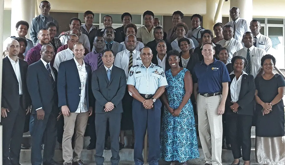 Police Commissioner Brigadier-General Sitiveni Qiliho (front, fifth from left), with the team from NCIS and Police officers on April 1, 2019. Photo: Wati Talebula