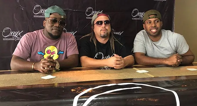 From left: Multi Platinum international award-winning artist Keidran Jones (Iyaz), DJ Victor Lopez and King of Island Pop Kali-D during a press conference in Suva on January 21, 2020.  Photo: Jennis Naidu.