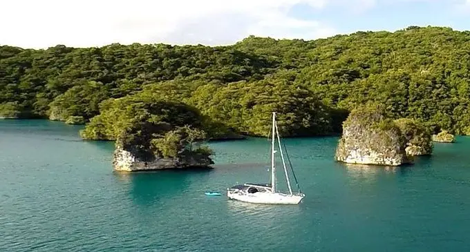 A yacht moors in Qilaqila Bay of Islands in Vanuabalavu, Lau. 