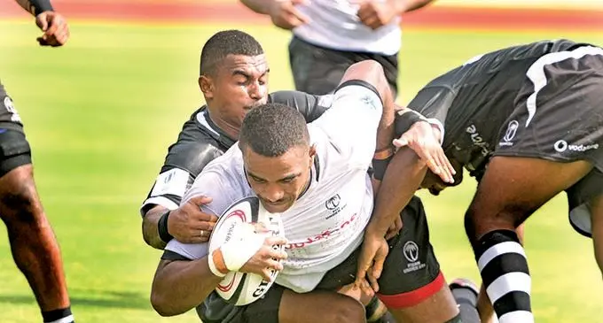 Swire Shipping Fijian Warriors lock Tikoibai Talatala dives over for their second try against Vodafone Fijian Under 20 side during the first of their two match series at the ANZ stadium on December 14, 2021.  Photo: Ronald Kumar