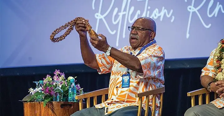 Prime Minister Sitiveni Rabuka presenting the tabua, on behalf of Fiji to the Pacific Island Forum (PIF) leaders during the PIF Special Leaders Retreat at the Sheraton Fiji Golf Resort and Spa, on February 23, 2023. Photo: Leon Lord