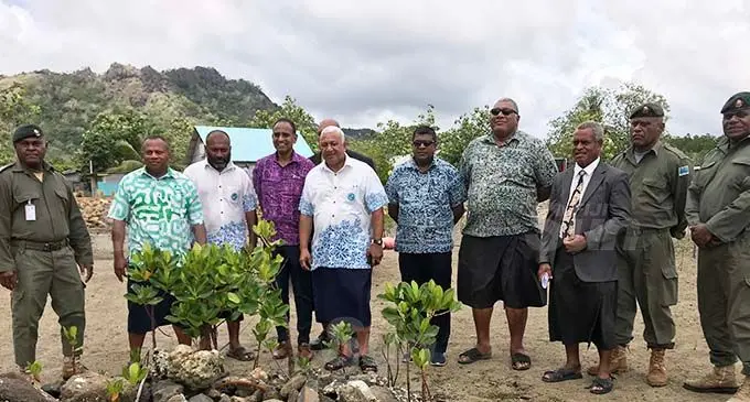 Prime Mnister Voreqe Bainimarama with his delegation, officials and stakeholders during the commissioning of the Raviravi Village eco-seawall in Macuata on September 30, 2020. Photo: Shratika Naidu