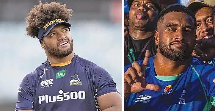 Brumbies and Australian Wallabies flanker Rob Valetini and Swire Shipping Fijian Drua first five eight Kemu Valetini.