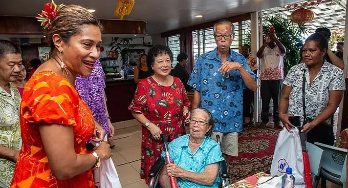 Minister for Women, Children and Poverty Alleviation, Lynda Tabuya ( left) alongside President of the Chinese Association of Fiji, Jenny Seeto with senior citizen of the Chinese Fijian community member Annie Fong, 90 during the New Year celebration for senior chinese 65 years and above at the China Club in Nasese, Suva on January 8, 2023. Photo: Leon Lord