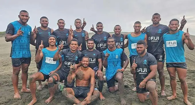 The Fiji Airways Fijian men's 7s squad at the sand dunes in Sigatoka.