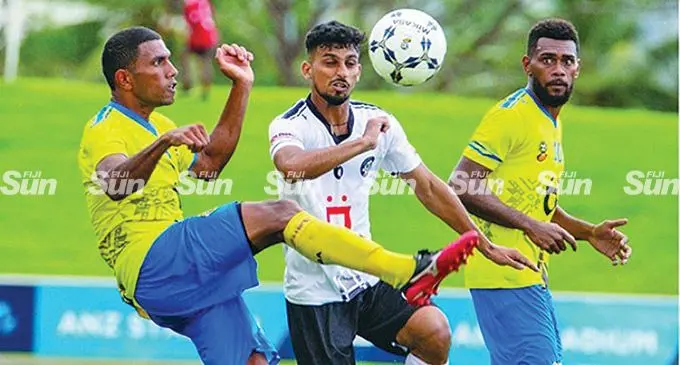 Nadroga defender Paula Buke controls the ball from Suva’s Ramzan Khan during the Digicel Premier League clash at the ANZ Stadium, Suva, on November 7, 2021. Photo: Leon Lord