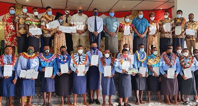 Minister for Youth and Sports Parveen Bala (Back row: eighth from left)with staff from the ministry, Commissioner Northern’s office and youth graduates during the North training centres graduation ceremony on December 20, 2021. Photo: Sampras Anand